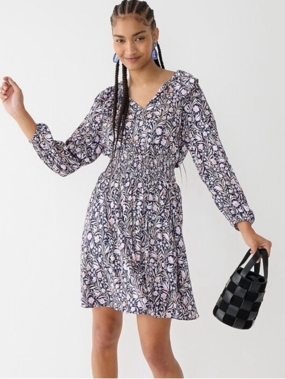 J. Crew Long-Sleeve Floral V-Neck Dress in Navy & Blush